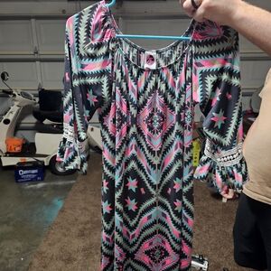 Boho Tribal Print Shift Dress in Pink & Teal